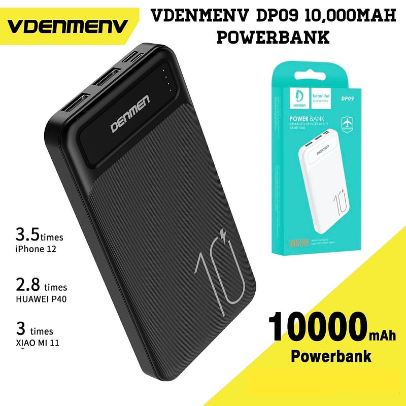 VDENMENV DR09 10000mAh Power Bank | Fast Charging | Portable Battery | Black & White